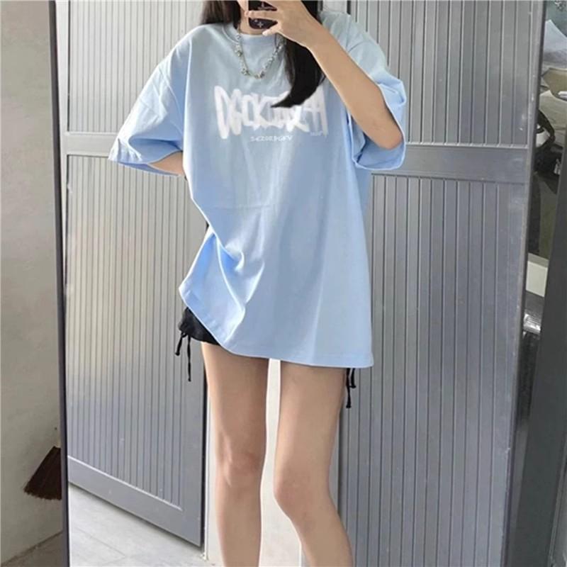 Футболки из чистого хлопка, женские, летние, с милым мультяшным принтом, в стиле хип-хоп, повседневные, в стиле Харадзюку, большие, с коротким рукавом, синие, для девочек 2010 года