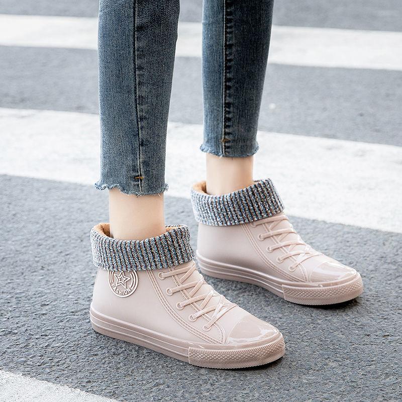 Rubber Shoes Women Waterproof Rain Boots Ankle Shoes Female Water Shoes Rain Boots Ankle Boots Cotton Cover Flats