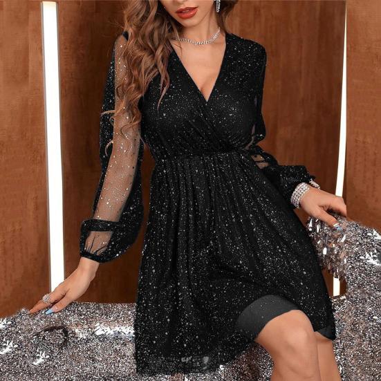 Women Spring Fall Dress Deep V Neck Long Mesh Sleeve Shiny Sequin Lantern Sleeve Double-layered Tight Waist Prom Cocktail Party Mini Dress