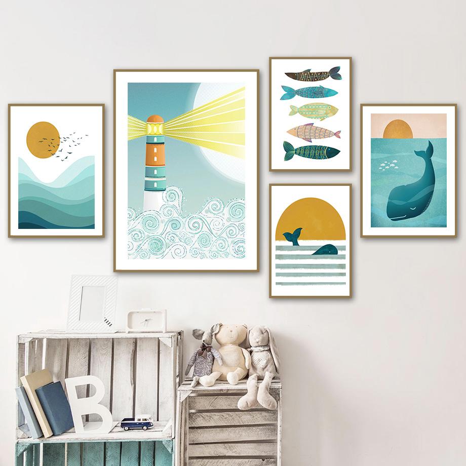 Синий Океан Рыба Кит Маяк Солнце Морская Детская Стена Книги по искусству Холст Картины Плакаты и принты Настенные Панно Декор Детской Комнаты