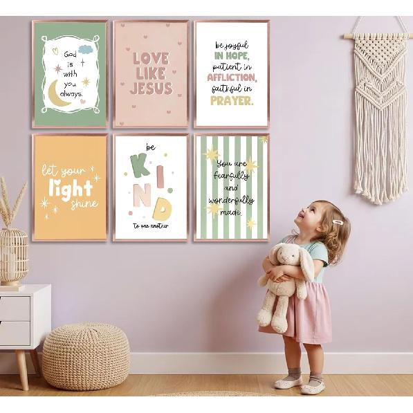 6Pcs Colorful Bible Verse Canvas Wall Art Christian Girls Education Posters Prints Children's Bible pirational Quote Wall Decor Pictures for Nursery