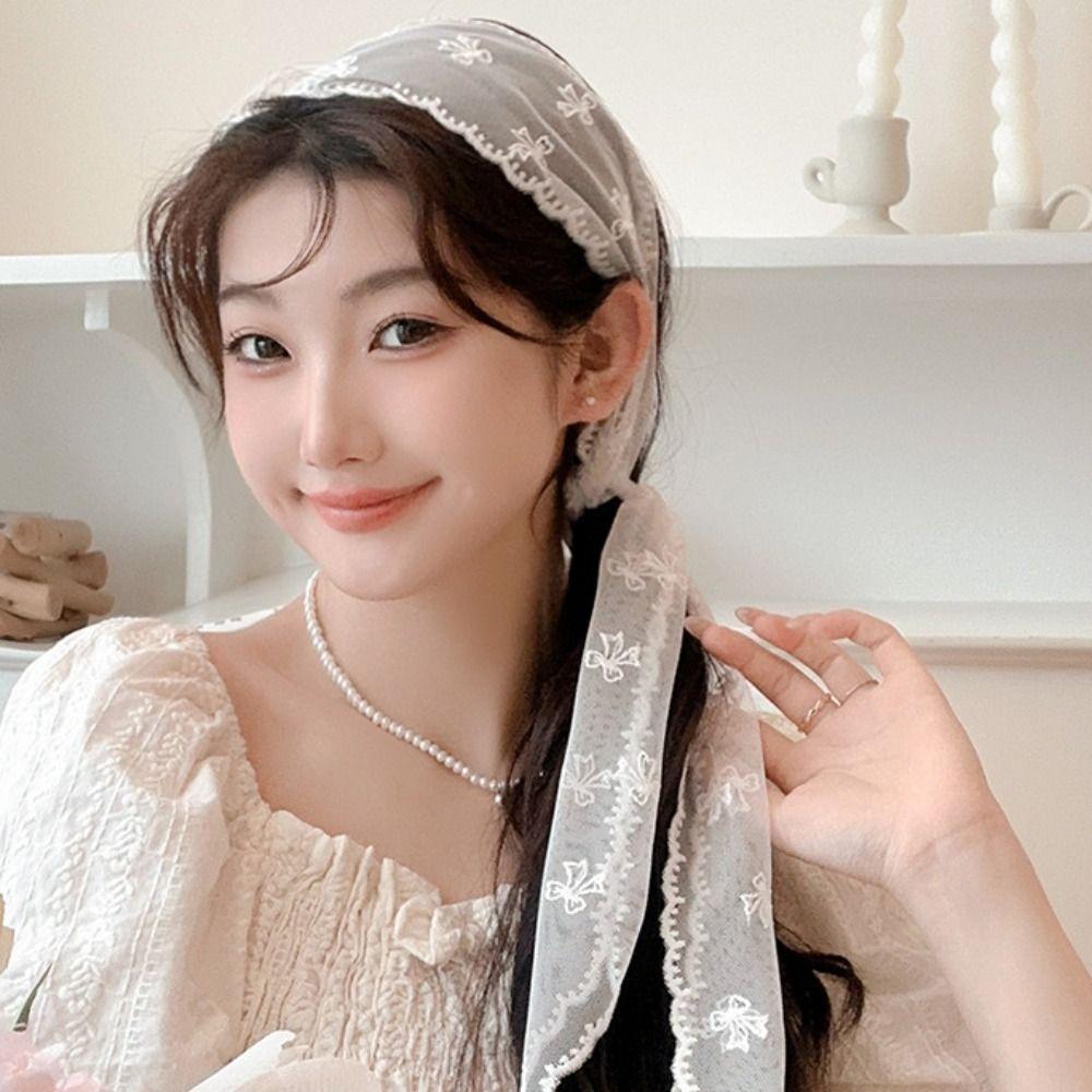 Soft Wrap Sweet Bow Headband Adjustable Ribbon Hair Strap French Lace Hair Scarf Wedding