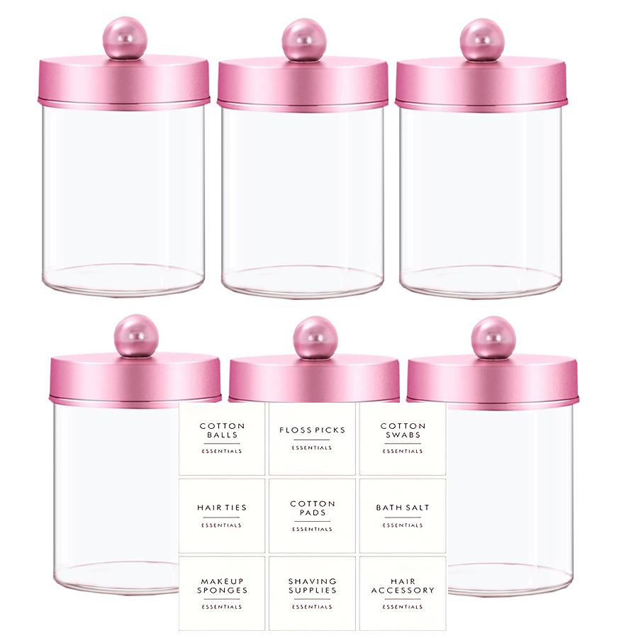 3/4/6 Pack Clear Storage Box Canister Qtip Holder Apothecary Jars with Pink Lids, Bathroom Organizers for Cotton Balls,Swabs