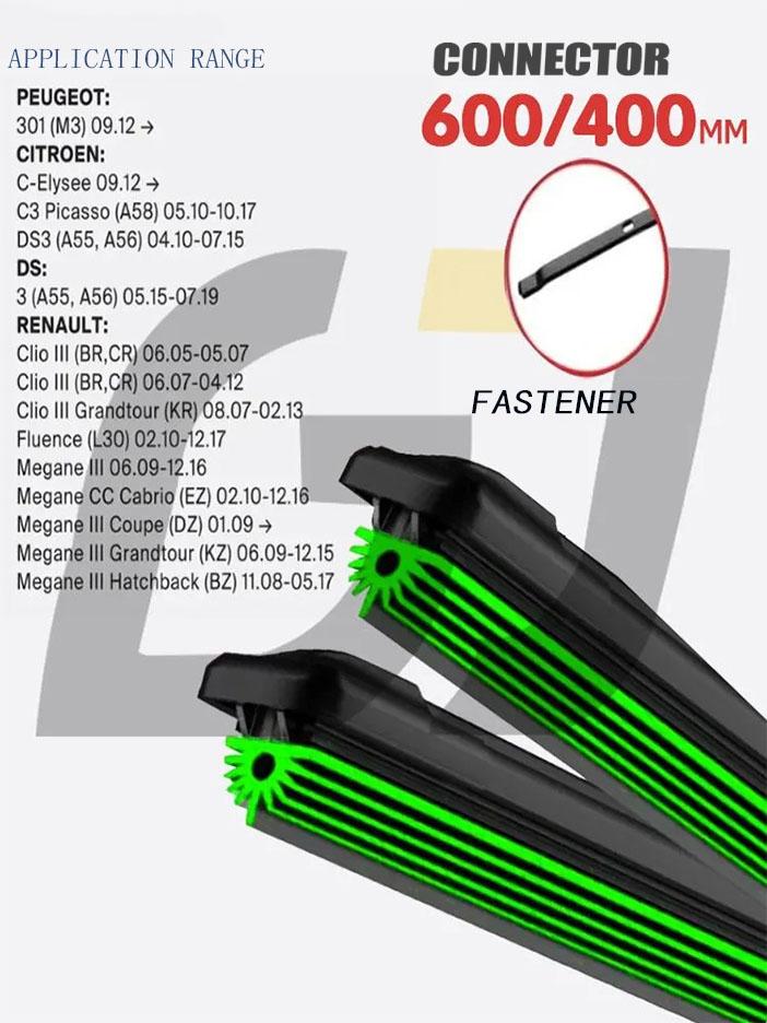 Frameless Bayonet Windshield Wipers 24"+16", Replacement for Renault Fluence, Clio III, Megane III