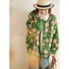 Winter Sweaters Flower Cardigan Autumn Women Print O-Neck Bat Sweaters Knitting Loose Sweater Green