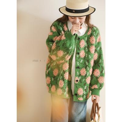 Зимние свитера Цветочный кардиган Осень Женщины Принт Круглый вырез Летучая мышь Вязаные свитера Свободный свитер Зеленый