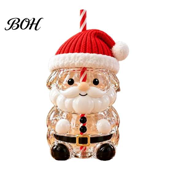 Borosilicate Glass Cup Christmas Santa Straw Cup, High Tumbler, Durable for Party Reusable Drinking Cold Beverages And Festive Decorations Clear