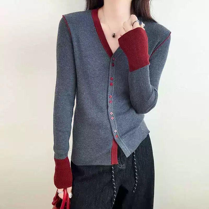 2025 весна осень корейский контрастный сращивание V-образный вырез длинный рукав вязаный свитер женский однобортный тонкий универсальный топ кардиган