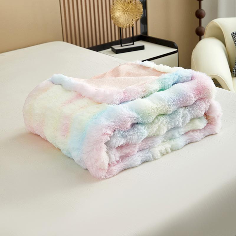 Rabbit Fleece Blanket Rainbow Double Layer Blanket Winter Thickening Sofa Cover Blanket Office Nap Blanket Dormitory Warm Blanket