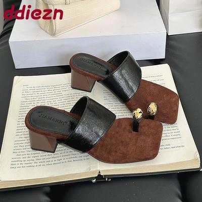 Модная женская обувь слипоны Женские туфли-лодочки на квадратном каблуке Шлепанцы Модная металлическая женская обувь на каблуке Туфли-лодочки Босоножки Новинка 2025