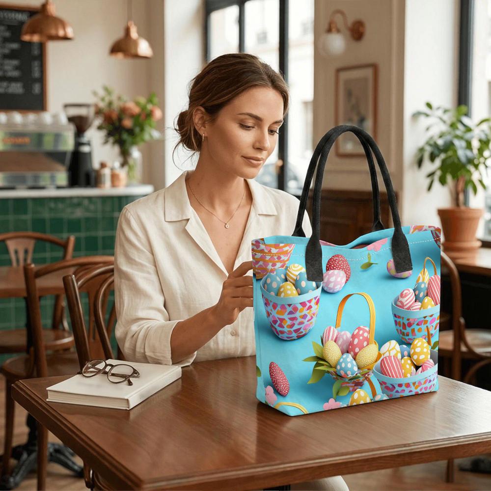 Easter Egg Print Tote Bag Large Capacity Fashion Casual Portable Daily Handbag for Women