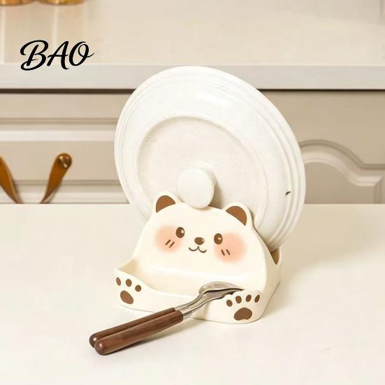 Pot Lid Organizer Cute Bear Holder for Kitchen Countertop, Multipurpose ABS Plastic Cooking Utensil Stand Spatula Spoon Rest, Easy Clean Utensils