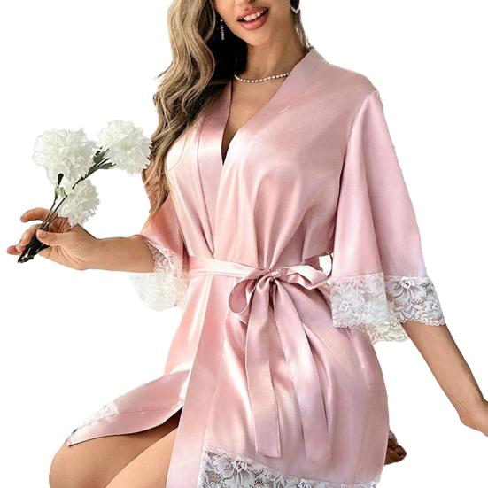 Женские шелковые халаты с кружевной отделкой, кимоно для невесты и подружки невесты, атласный халат с поясом, сексуальный V-образный вырез, рукав 3/4, пижамы