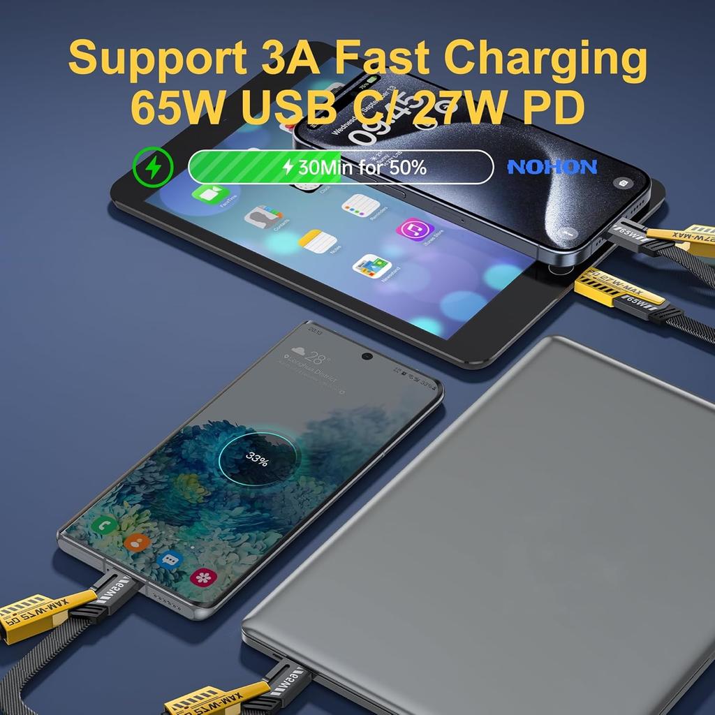 Универсальный кабель для быстрой зарядки 4-в-1 с USB A/USB C на C-type 65 Вт 27 Вт PD, нейлоновый оплетенный многоразъемный кабель, совместимый с iPhone и iPad