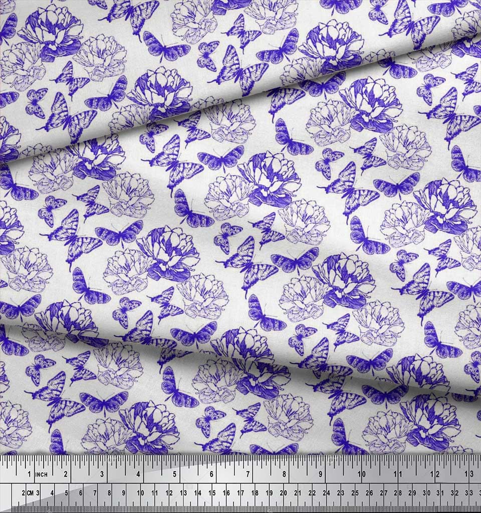Soimoi Poly Crepe Fabric Butterfly & Peony Floral Printed Craft Fabric by the metre 42 Inch
