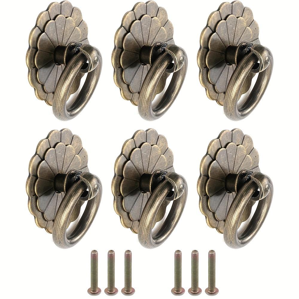 6pcs Ring Pull Small Cabinet Pull In Antique Brass Flower Closet Cabinet Door Knob for Cabinets Armoires(Single Hole with Screw)