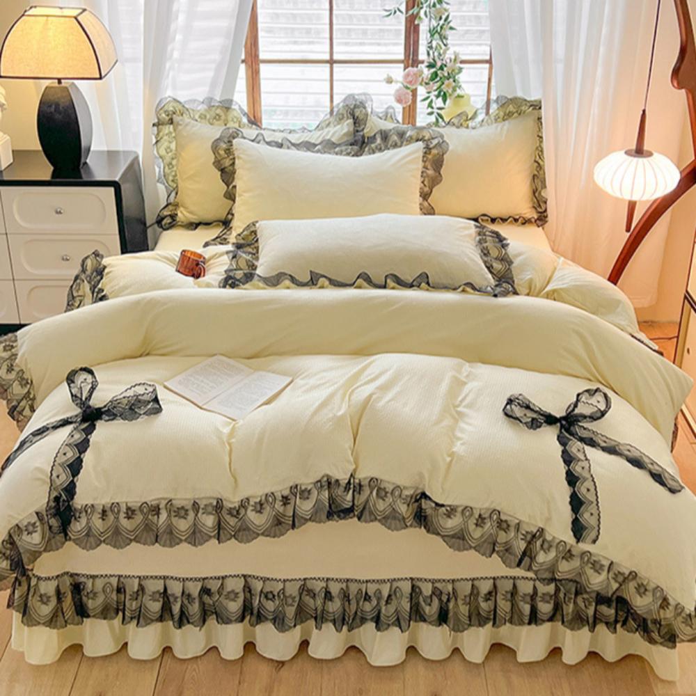 Покрывало из хлопка в стиле принцессы, однотонное, кружевное, стираное, из четырех частей, сирсакер, кружево, двойной пододеяльник