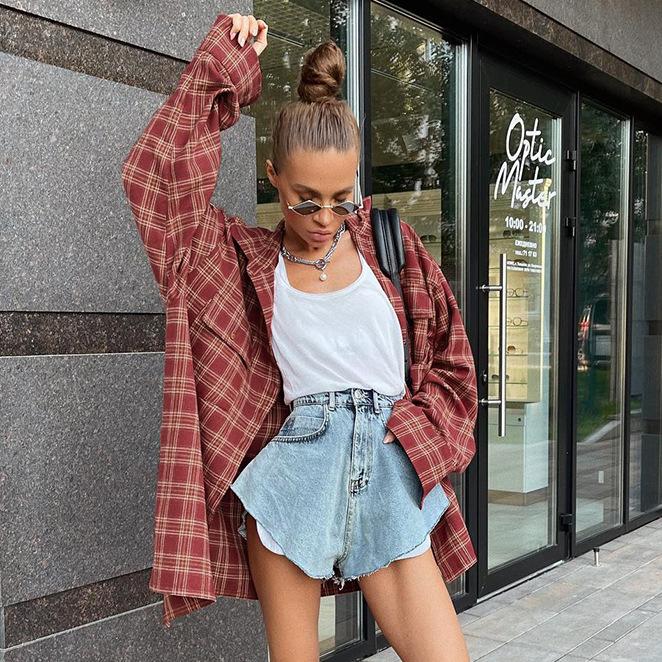 American retro brick red Scottish plaid loose shirt 1116 autumn new European and American plaid shirt women's clothing