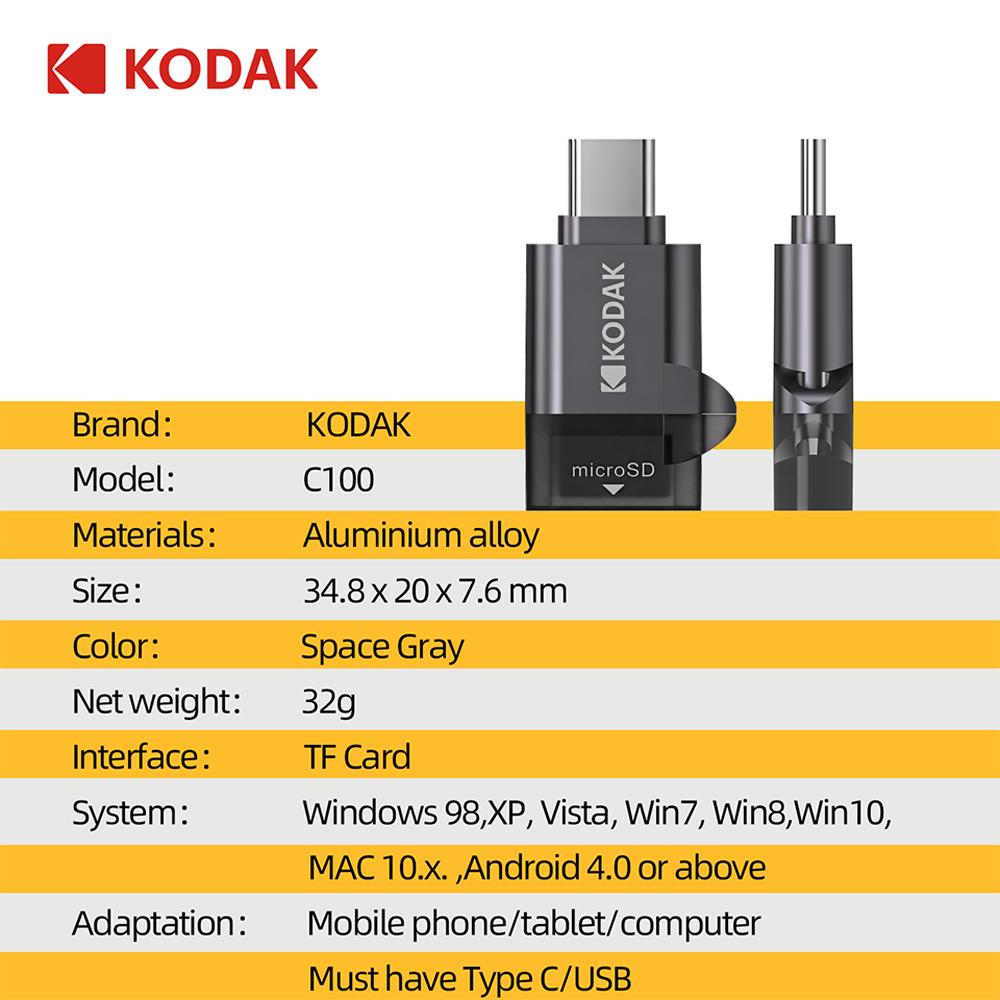 Kodak Type-C Устройство для чтения карт Micro SD TF-карты Адаптер для высокоскоростной передачи