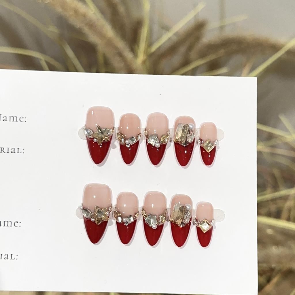 Women Press‑On Nails Pure‑Handmade Red French New Year Rhinestone Sparkling European‑American False Nail Patches