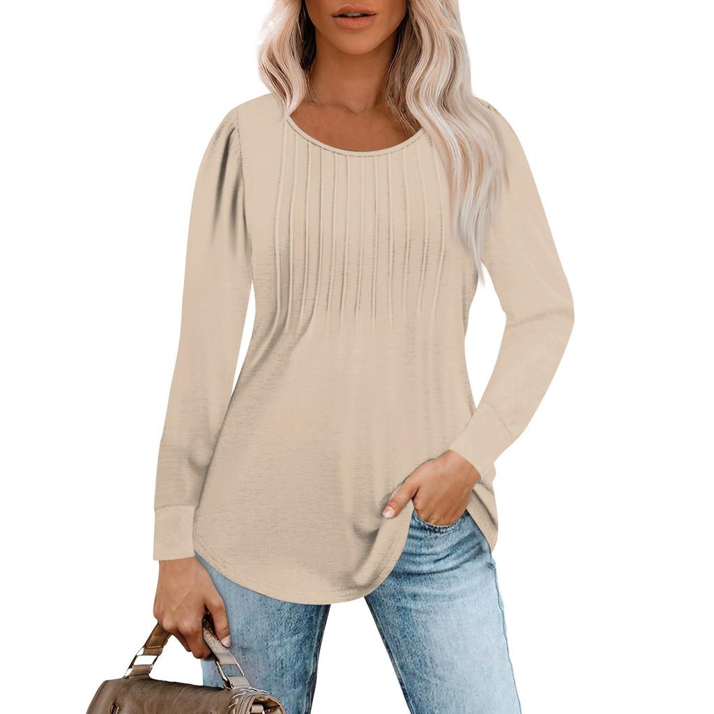 Long Sleeve Shirts For Women Tops Dressy Casual Blouses Pleated Scooped Neck Tunic Tops