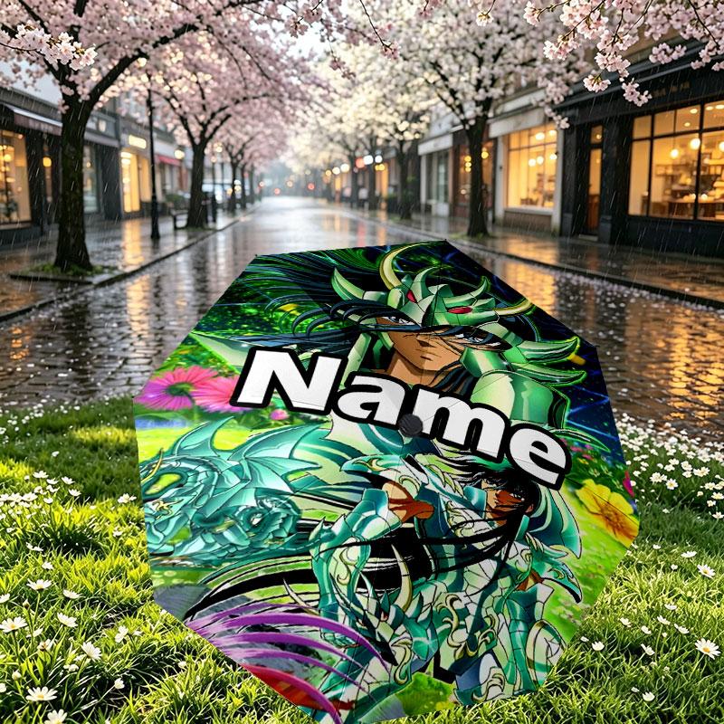 Custom Name Personalized Saint Seiya Print Umbrella, Auto Open Close, 8‑Rib Sturdy Frame, Commute Camping Hiking Use, Birthday Gift