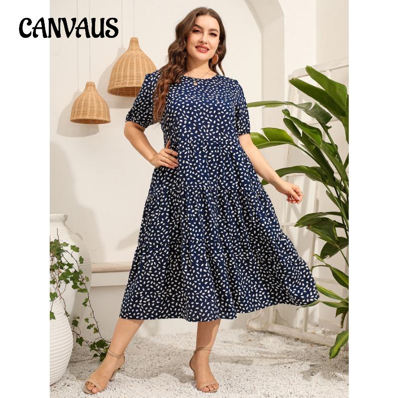 Летнее женское платье размера плюс, нерегулярное платье в горошек с коротким рукавом, свободные длинные платья с круглым вырезом и большим подолом