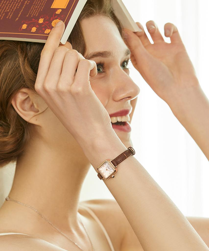 Lollalojeu Cube Mother-Of-Pearl Brown Leather Women'S Watch