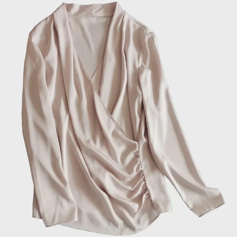 Clearance Women's V-Neck Long-Sleeve Silk Shirt - Fashionable Cream Pink with Swing Collar