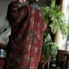 Johnature Women Vintage Red Floral Corduroy Warm Button Long Sleeve Pockets Coats Winter Chinese Style Coats