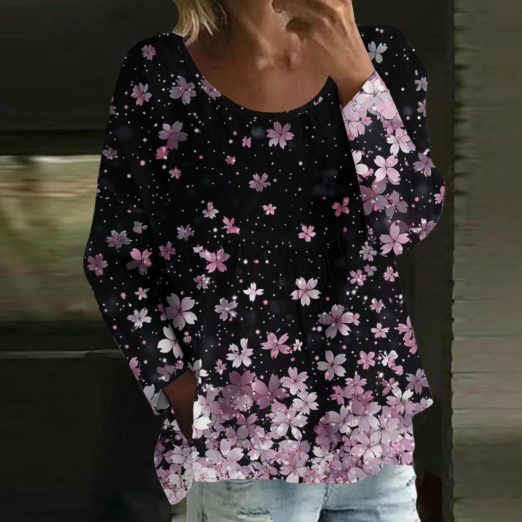 Women's Casual Fashion Loose Round Neck Floral Print Long Sleeve Top