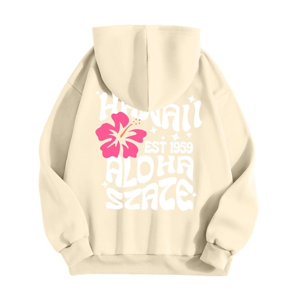 Women's Fashion Long Sleeve Sweatshirt Letter Printed Hooded Drawstring Pullover Oversized Pocket Sweatshirt Top