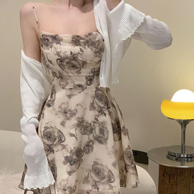 Мини-платья женские винтажные с цветочным принтом с вырезами Лето во французском стиле Эстетичная вечеринка Шикарная уличная одежда Нежная повседневная одежда без рукавов