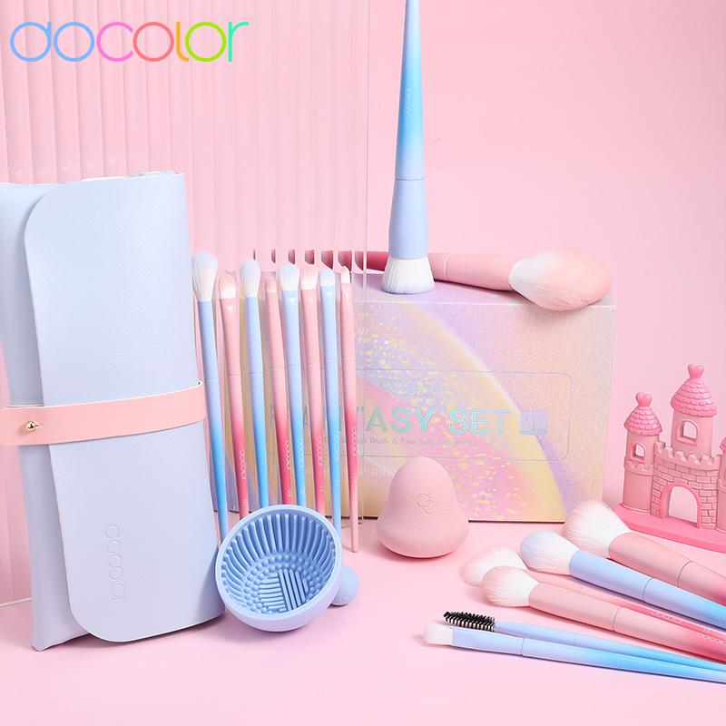 Docolor Набор кистей для макияжа, 16 шт. + спонж + чистящая подушечка, синтетическая тональная основа премиум-класса, консилеры, тени для век, кисть для макияжа, с сумкой