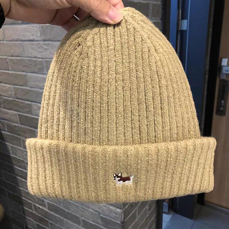 Knitted hat for women, warm in autumn and winter, thick pullover hat, cute puppy embroidered street versatile wool hat for men