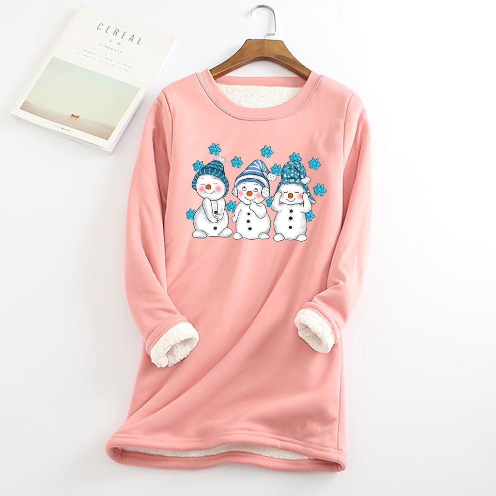 Женский круглый вырез с принтом из утолщенного плюша и кашемира, теплый длинный топ