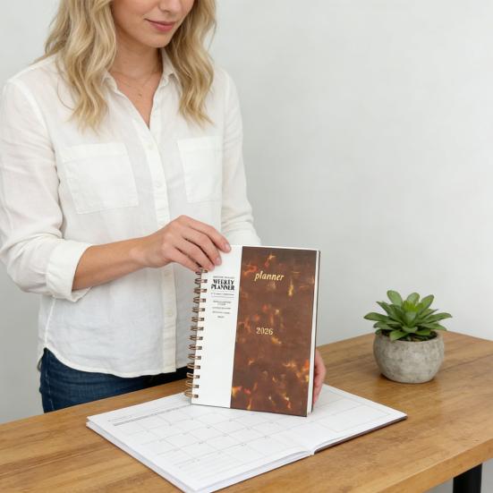 Большой блокнот-планер на спирали на 2026 год с полностраничным еженедельным и ежемесячным разворотом, органайзер на 15 месяцев учебного года, твердая обложка, профессиональный офисный планер.