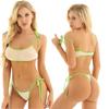 Women's Swimsuit Spaghetti Straps Self-Tie Bra Top with Briefs Sheer Mesh Bathing Suit Beachwear