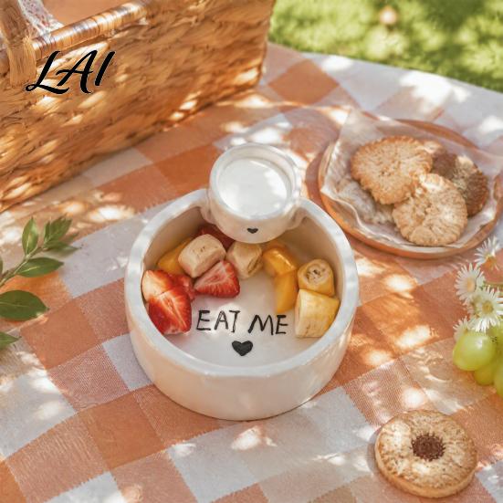 Modern Dining Table Decor French Fries Bowl with Sauce Dipping Compartment Heat Resistant Ceramic Snack Functional Tray Server Microwave Safe