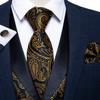 Dibangu Silk Suit Vest for Men Black Gold Jacquare Waistcoat Necktie Hanky Cufflinks 4pc