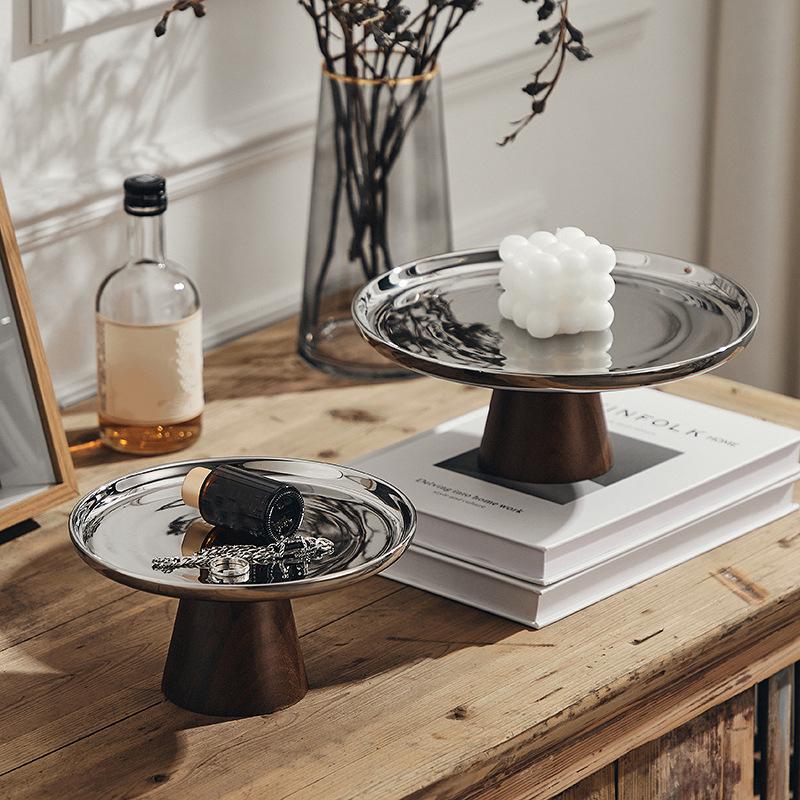 Деревянная основа легкая роскошная простая тарелка для фруктов из нержавеющей стали с высокими ножками