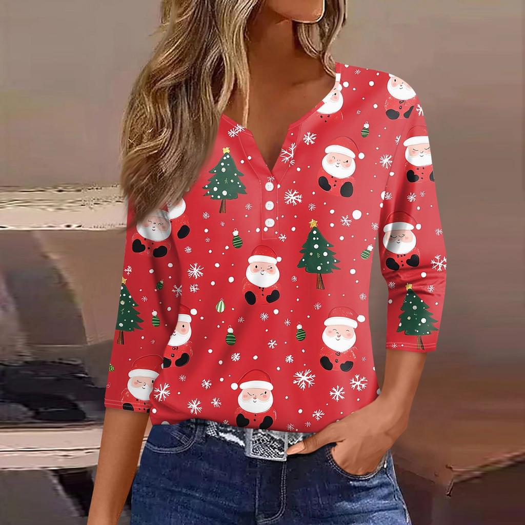 Женская футболка с рождественским принтом, на пуговицах, рукав 3/4, повседневная, выходного дня, модная, базовая, с V-образным вырезом, стандартный топ