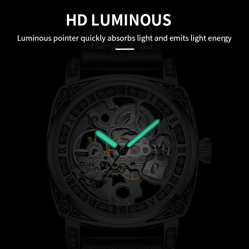 TEVISE Скелетон механические часы мужские винтажные гравированные автоматические механические наручные часы серебряный ремешок из нержавеющей стали