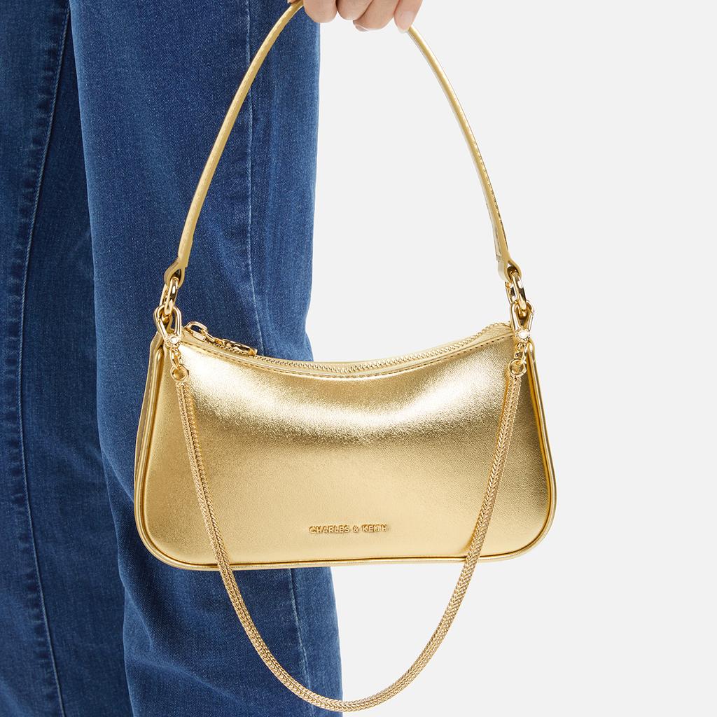 Charles & Keith Small CK Zipper Closure Synthetic Leather Shoulder Crossbody Tote Bag Women bags Black Silver Gold CK2-80151362-A