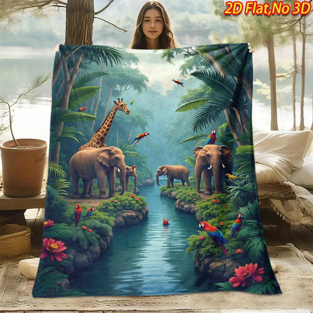 1pc Tropical Rainforest Animal Print Blanket Suitable for All Seasons, Soft Flannel Bedspread with Jungle Theme & Multicolor Monkey Sloth, Machine Was