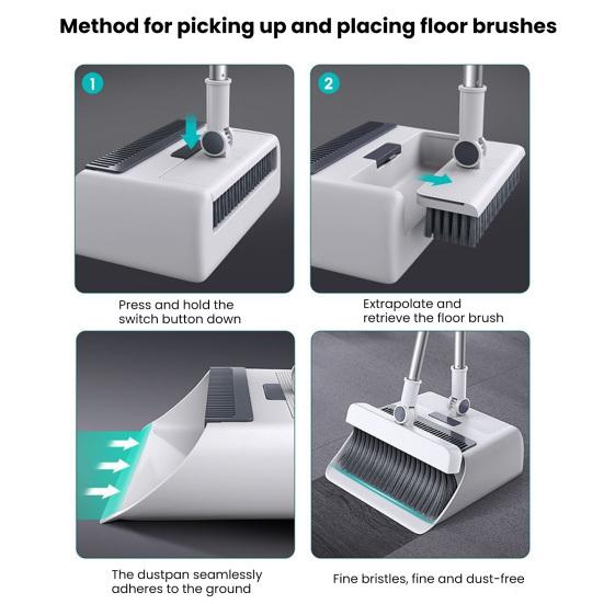 Набор с метлой и совком со встроенными зубьями, регулируемой длинной ручкой, головкой метлы, вращающейся на 180 градусов, Комплект с метлой и совком