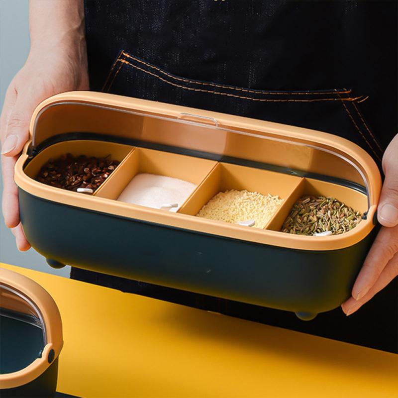 Прозрачный пыленепроницаемый кухонный ящик для хранения с 4 отделениями, ящик для приправ, полое дно