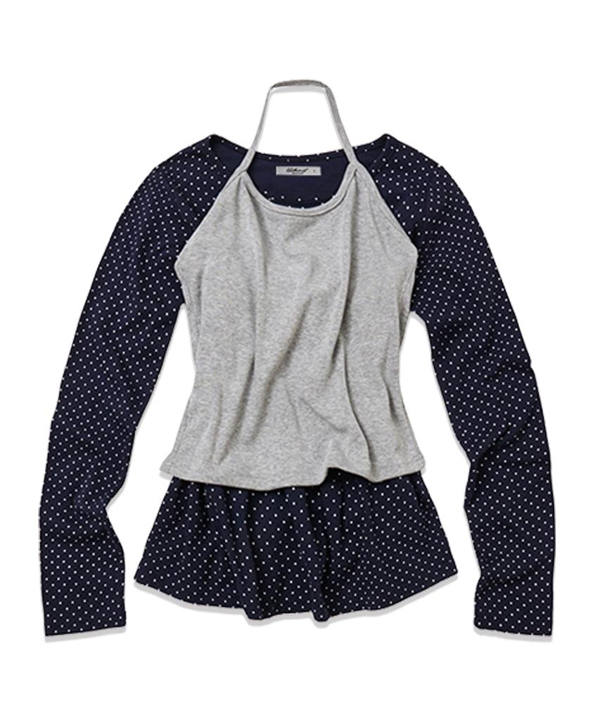 LIKE THE MOST [Short Sleeve Added] Dot Long Sleeve Halter Neck Sleeveless Layered Top Set_Navy Gray