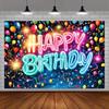Neon Happy Birthday Background Glow Balloon Splashed Birthday Party Banner Fabric Colorful Home Photography Party Decorations