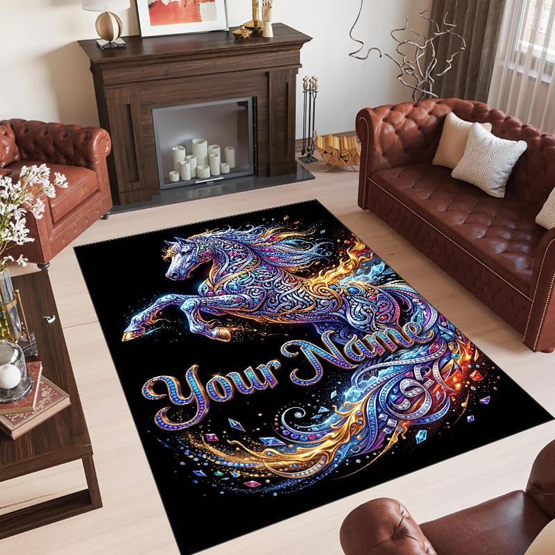 Horse Theme Crystal Velvet Floor Rug Personalized Custom Name Text Warm Carpet Home Decoration